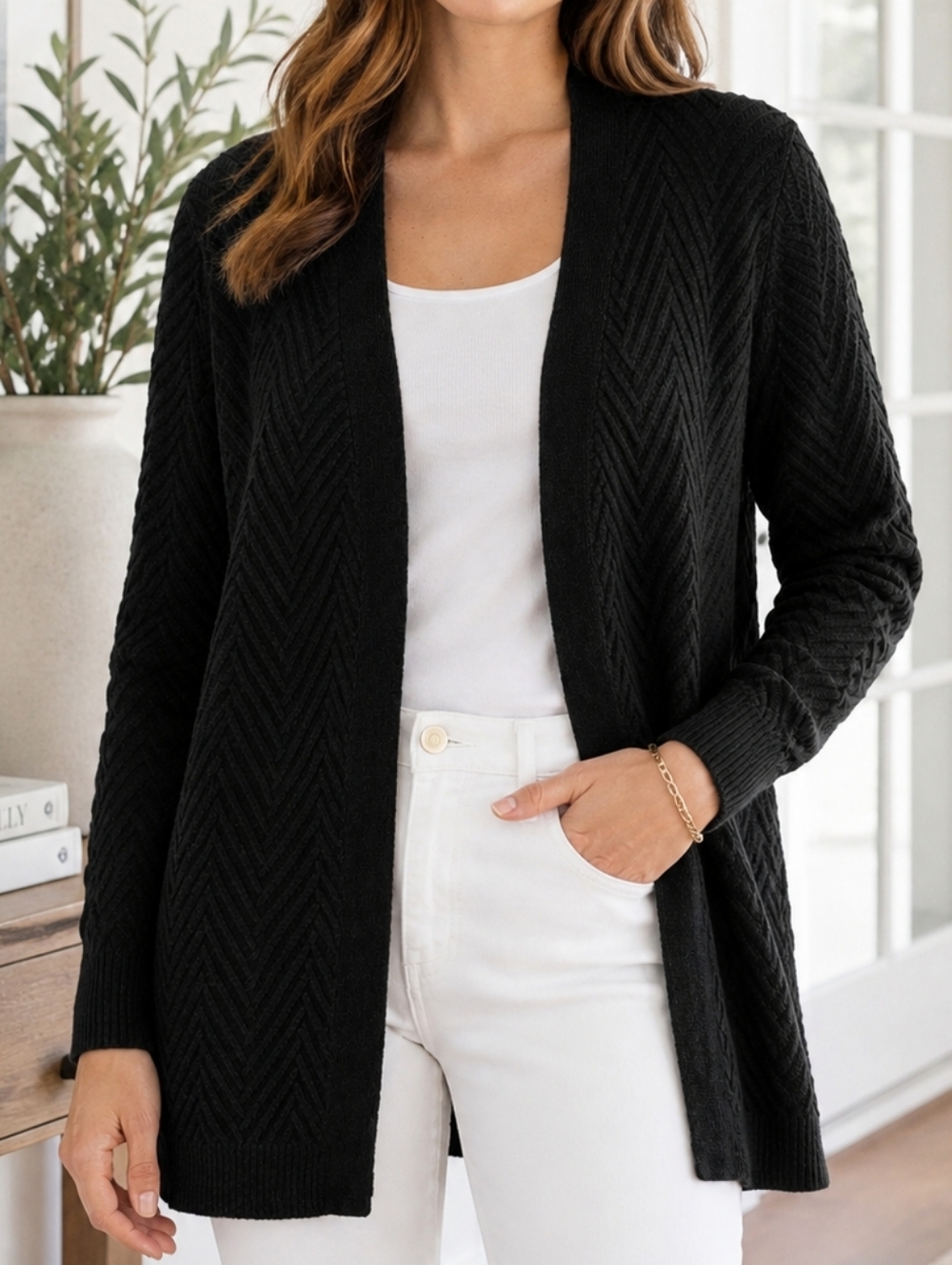 Talbots Black Open Front Chevron Knit Cardigan Women's Medium